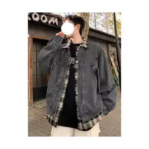 키체샵 남성 청자켓 체크 페이크 데님 코트 봄 가을 캐주얼 상의 HO3