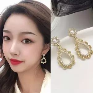 [하프클럽/]여자 데일리룩 우아한 진주 오벌 큐빅 골드 드롭 귀걸이