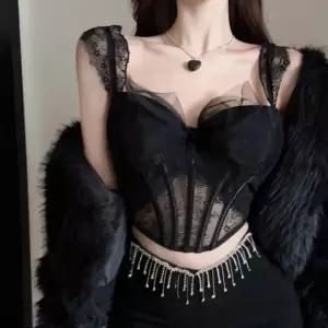 [하프클럽/]여성 시스루 레이스 프릴 스퀘어넥 코르셋 탑 나시