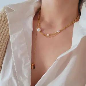 [하프클럽/]여자 데일리 레이어드 진주 써지컬스틸 목걸이