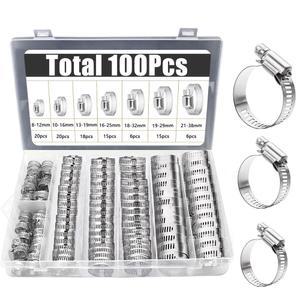 호환 100PCS 스테인레스 스틸 호스 클램프 구색 키트, 자동차 배관 용 스크루 드라이버가있는 조정 가능한 금속 라인 호스 클램프