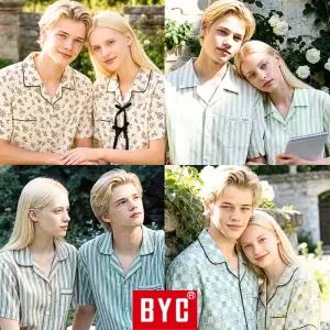 BYC 외 커플 잠옷 세트 90~110 빅사이즈 파자마 바지 반팔 봄 여름 간절기 쿨 냉감 인견 순면 모달 냉장고 남성 여성 체크 하의 큰 남자 여자 주니어 시원한 아이스 쿨링 홈웨어 원피스 귀여운 프릴 성인