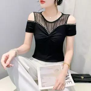 라인댄스상의 차밍 시스루 반팔티 자이브 오프숄더