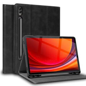 삼성 갤럭시 탭 S9 울트라 / S10 14.6인치 케이스 S 펜 홀더 2023 /2024 모델(SM-X918U /X910 /X916B /X920 /X926) 순정 가죽 커버 보호 쉘 자동 웨이크 슬립.블랙