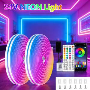 네온 LED 스트립 라이트 방수 24V 플렉시블 네온 로프 라이트 음악 동기화 RGB 스트립 테이프 5m 10m 20m 3
