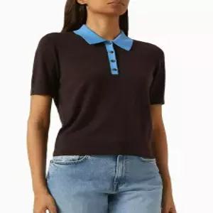 C-inspiried 울 블렌드 폴로 셔츠 여성 여름 빈티지 얇은 니트 레귤러 핏 브라운 클래식 디자인 버튼