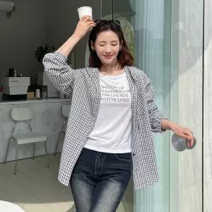 [핑크시슬리] 브리즈 시어서커 체크 박스 언발 후드 셔츠