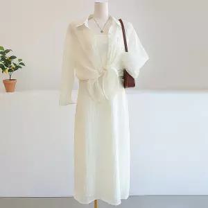 [잇수다] (SET) 라플린 시스루 링클 루즈핏 카라 셔츠 + 나시 롱 원피스 투피스 세트