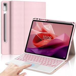 [미국배송] LENOVO 디어 탭 프로 12.7인치 태블릿 2024/2025용 터치패드 키보드 케이스 7가지 색상 백라이트 탈착식 블루투스 무선 트랙패드 슬림 PU 스탠드 커버 펜슬 홀더 핑크