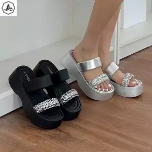 [애슬릿] 통굽 슬리퍼 더블 스트랩 실버 메탈릭 플랫폼 굽높은 6cm