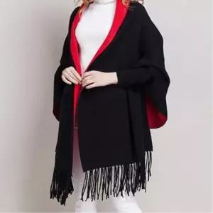 TBZ 망토형 투톤 가디건숄 185cm-블랙 레드 가을코디 머플러숄