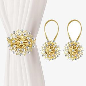 2 PCS 마그네틱 커튼 타이백 드릴링 드레이퍼가 없는 드레이퍼 홀드백을 위한 크리스탈 장식 홈 오 창문 홀드백 골드