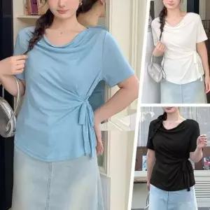 여성 옆셔링 리본 드레이프 반팔 티셔츠 언발