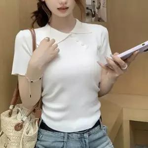 포인트반팔티 캐주얼 1P 깔끔한 여름 여성 반팔티 사선 여름반팔티 단추 티셔츠