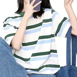 (색상 단일 FREE)여성스트라이프탑 티셔츠 반팔티 배색 루즈핏 여름 여자 캐주얼반팔티셔츠 스트라이프