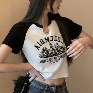여자티셔츠 반팔티 여성 배색 티셔츠 여자반팔티셔츠 캐주얼 여름 크롭