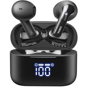 TOZO T21 무선 이어버드 블루투스 5.3 이어 헤드폰 듀얼 마이크 통화 노이즈 캔슬링 IPX8 방수 44H 재생 스테레오 사운드, LED 디스플레이 충전 케이스 32 EQ, APP 블랙 제공