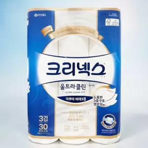 크리넥스 울트라클린 3겹 화이트 비데 화장지 30m 30롤 x 1개