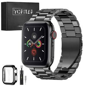 Apple Watch용 YOFITAR 시계 밴드, 보호 케이스, 스테인리스 스틸, 교체용 호환 가능한 시리즈: Ultra3 / Ultra 2 11 10 9 8 7 SE3 6 SE 5 4 3 1, (44mm) 길이 조절기, 블랙