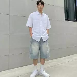 남성 카고 반바지 와이드 밴딩 데님 버뮤다 반바지 여름