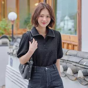 링클 스판 퍼프 반팔 카라 티셔츠 여성 빅사이즈