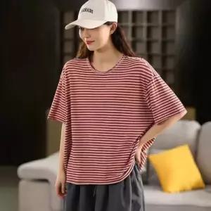 면 여름 빈티지 캐주얼 여자맨투맨티 스크래치 스트라이프 반팔 맨투맨 상의 티셔츠 ible2