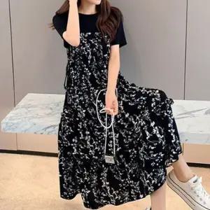 블랙 꽃무늬 원피스 여성 반팔 롱 여름 레이어드 스타일 폴리에스터 캐주얼 데일리 빅사이즈 플레어 A라인