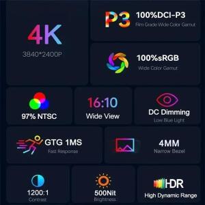 모니식 16 인치 4K 터치 스크린 휴대용 모니터 100% DCI-P3 500Nit 16:10 HDR 1MS FreeSync IPS 게임 디스