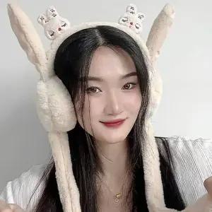 움직이는 토끼 베이지 귀마개 쫑긋 보온 털 방한 왕 방한