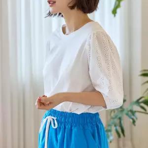 레이스 퍼프 반팔 무지 티셔츠 면 라운드넥 여성 빅사이즈