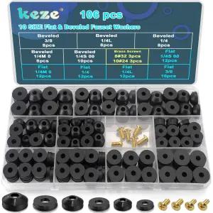 KEZE 106 PCS 10 사이즈 수도꼭지 세척기 모듬 키트와 황동 비브 나사 플랫 및 베벨 고무 DIY 야외 스템