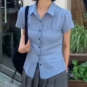 크롭 셔츠 슬림 체크 데일리