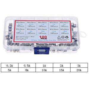 패스트 블로우 유리 퓨즈 모듬 키트 앰프 튜브 믹스 세트 5x20mm 12V-250V 0.2A 1A 3A 8A 100 개
