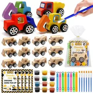 고그린웨븐 12 PCS 건설 파티 추천 - 버블 완드 페인트 브러시 및 카드가 포함된 DIY 나무 트럭 공예 키트