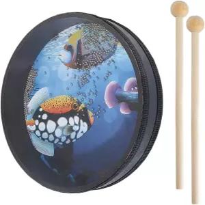 OLYCRAFT 1Pcs 오션 드럼과 우드 스틱 웨이브 비드 물고기 패턴 10인치 바다 사운드 음악 타악기