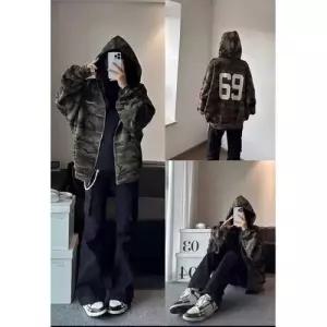 가을 빈티지 남친 집업 가디건 카디건 카무플라주 레터링 자수 후드 커플 BE3