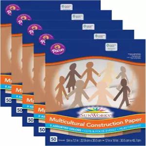 SunWorks 다문화 건설 용지 5가지 다양한 색상 9인치 x 12인치 팩당 50매