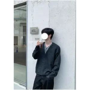 EAMT 남사친 니트 가을 페이크 투피스 차콜 V넥 코트 YJ3