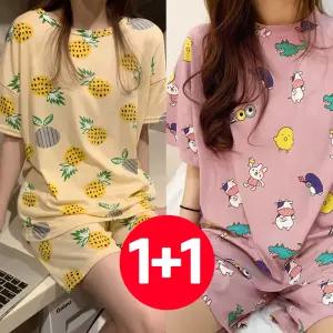 여성 반팔 반바지 여름 잠옷 세트 2개 파인애플 핑크
