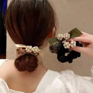 예쁜 진주볼 쉬폰 헤어 액세서리 데일리 머리끈 고무줄 성인핀