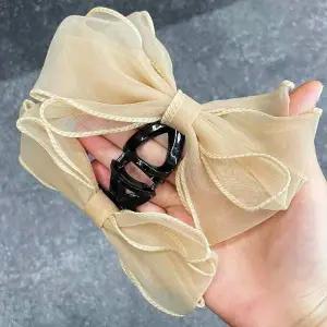 왕리본집게핀 헤어집게핀 베이지 쉬폰 왕리본
