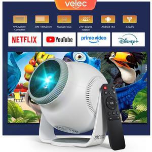 빔프로젝터 Velec TP360 미니 프로젝터 8K 디코딩 안드로이드 14 자동 초점 450 ANSI 720P HD 휴대용 야외 영화 시어터용