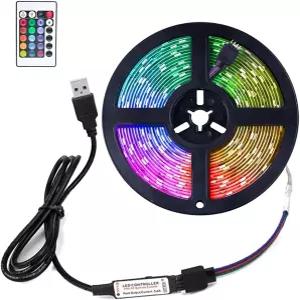 FOURREYES RGB LED 스트립 16.4피트 5V USB 컬러풀 S/M SMD 5050 유연한 조명 24키 리모컨 포함 TV