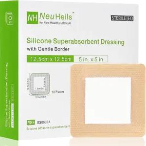 NeuHeils 실리콘 고흡수성 상처 드레싱 5 x5 10팩 무거운 삼출물 위한 울트라소브 폴리머 패드가 있는 자가