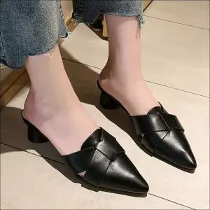 [하프클럽/]크로스 여자 뾰족 블로퍼 스트랩 앞코 뮬 낮은굽 구두