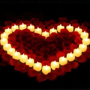 Honoson 1000피스 인조 장미 꽃잎 화염 없는 하트 모양 LED 청록색 양초 프로포즈 결혼 기념 테이블 장식