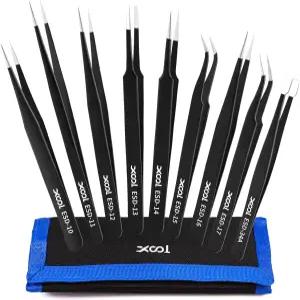 XOOL 9 PCS ESD 정밀 핀셋 세트 전자제품 납땜 공예 보석 모델 빌딩용 정전기 방지 스테인리스 스틸 키트