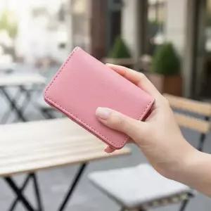 스티치 자석 명함케이스 인조가죽 명함지갑 핑크