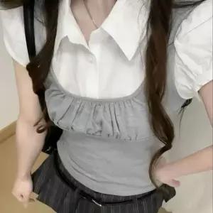 셔링 조끼 레이어드 카라 퍼프 소매 블라우스 셔츠