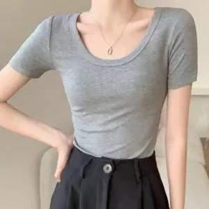 여름반팔티 기본 쇄골 컬러 라인 1P 셔링 반팔티 여성반팔티셔츠 슬림핏 스퀘어넥 여성 티셔츠 여름